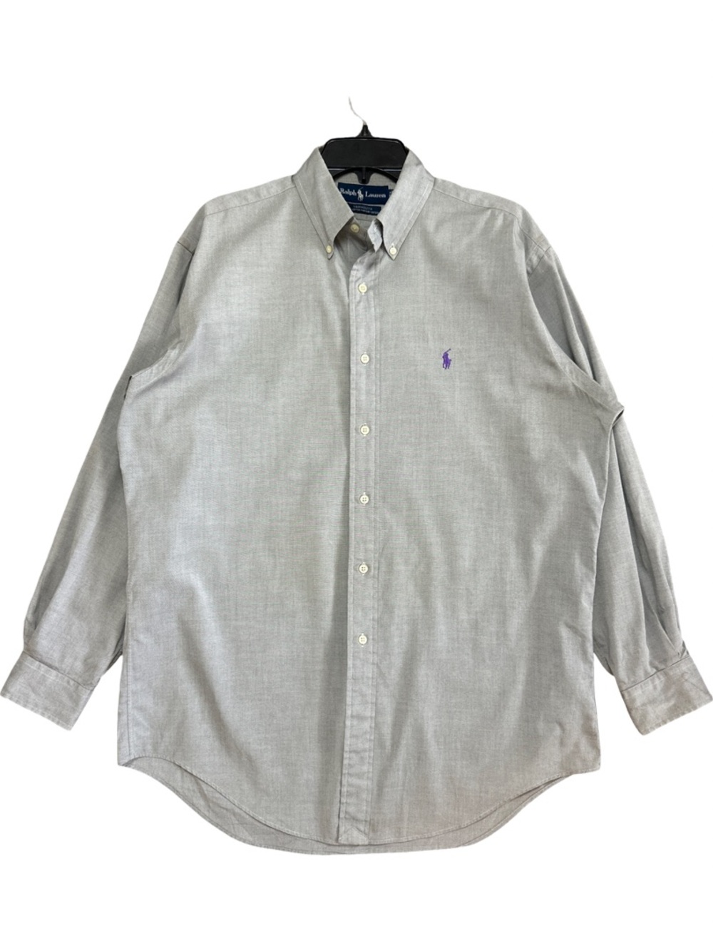 Ralph Lauren Yarmouth Men's 15.5 32/33 Gray Pinpoint Oxford Shirt Purple Pony M